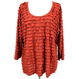 Slinky Brand Womens Top 1X Y2K Burnt Orange Sheer Mesh Sequins‎ Ruffles Layers